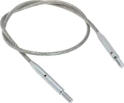 A metal cable with threaded ends against a white background.