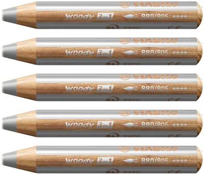 Image de Crayon de couleur, aquarelle & craie de cire - STABILO woody 3 in 1 - Pack de 5 - argenté