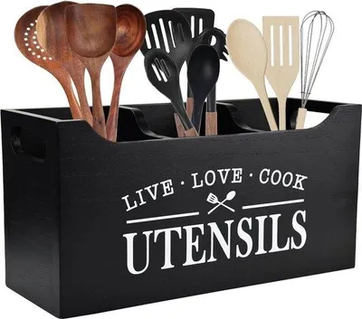 Image de Organiseur de cuisine en bois massif avec fond perforé, grand modèle à 3 compartiments pour la cuisine, cuisine rustique, rangement des ustensiles de cuisine, noir