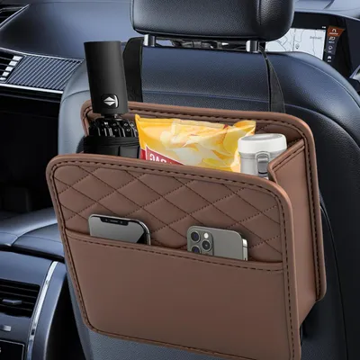 Immagine prodotto di Organizzatore per sedili auto, ecopelle marrone, protezione per schienale, impermeabile, da appendere