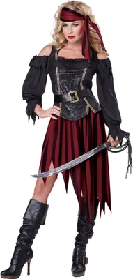 A woman wearing a pirate costume, holding a sword.