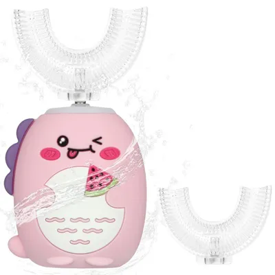 Immagine prodotto di Spazzolino elettrico per bambini Vicloon, spazzolino automatico a 360°, spazzolino a forma di "U" con 2 testine, spazzolino a ultrasuoni per bambini (rosa)