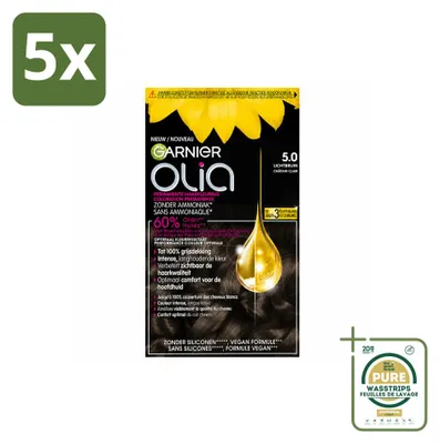 Obrázok produktu pre 5 ks farby na vlasy Garnier Olia 5, trvalá farba, svetlohnedá, bez amoniaku, balenie