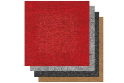Selbstklebende Filzfliese Anthrazit. Farbmuster in Grau, Rot und Beige.