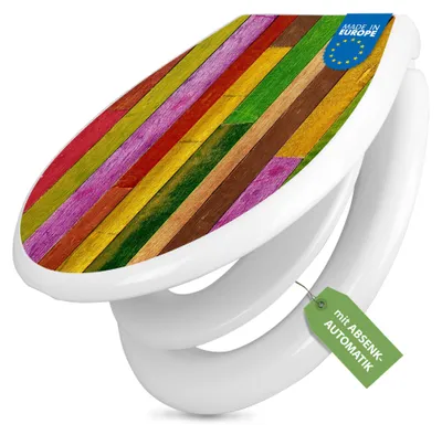 Produktbild von banjado Familien WC Sitz weiß mit Kindersitz und Absenkautomatik und Motiv Holz Collage Bunt [TDWK 10863]