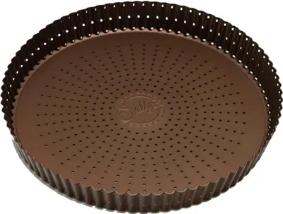 A brown fluted tart pan with a perforated base, shown from a diagonal top-down view against a white background. The brand logo 'Sallys' is embossed in the center of the pan.