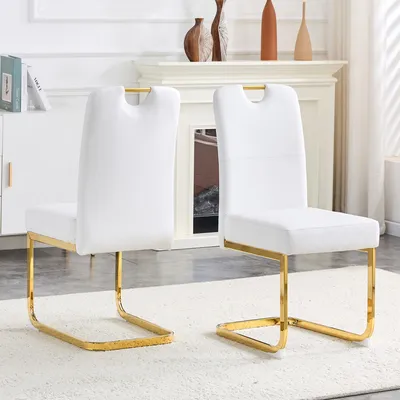 Produktbild von Weiße Esszimmerstühle 2er Set komfortable Polsterstühle mit integriertem Federkern ergonomische Küchenstühle aus Kunstleder moderne Bogenform