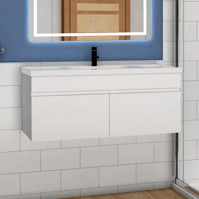Image de Acezanble 99(L)x45(W)x40cm(H)cm Acezanble meuble Salle de Bain blanc 2 portes avec une vasque à suspendre