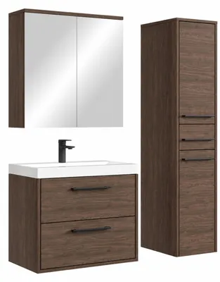 Produktbild von Badplaats Badezimmermöbel Set Florence 60 cm – Walnuss – Hängender Waschtisch mit Waschbecken, Spiegelschrank und Hochschrank