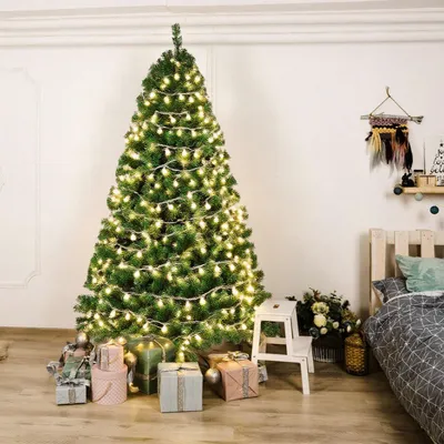 Image de Arbre de Noël artificiel Ikodm, 150 cm de haut, avec 200 LED blanc chaud, 550 branches, en PVC et métal, branches qui s'ouvrent automatiquement, couleur verte