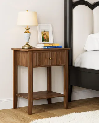 Productafbeelding van Nachtkastje, retrostijl, massief hout, 1 lade, château-walnoot, geschikt voor de slaapkamer