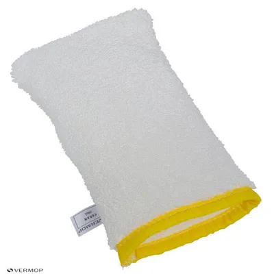 A white cleaning mitt with a yellow trim on a white background.