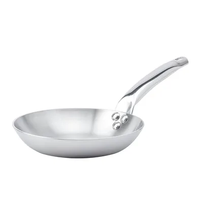 A stainless steel frying pan on a white background.