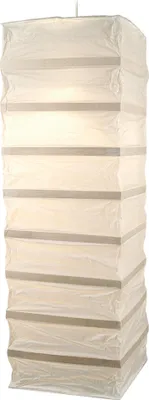 A tall, rectangular paper lantern hanging from a cord.