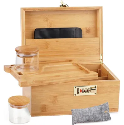 Obrázok produktu pre Veľká bambusová škatuľa s číselným zámkom a podnosom, úložná škatuľa s príslušenstvom, 25,4 x 17,5 x 12,7 cm