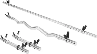 Produktbild von GORILLA SPORTS® Hantelstangen Set - Langhantelstange 170cm, SZ Curlstange 120cm, 2 Kurzhantelstangen 35cm, 30 mm, 8 Federverschlüsse, Verchromt - Langhantel Set, Kurzhantelset