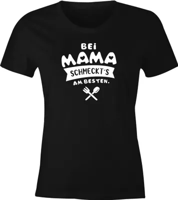 Produktbild von Damen T-Shirt Koch-Spruch Bei Mama schmeckts am besten! Frauen Fun-Shirt lustig Moonworks® Mama schwarz XS
