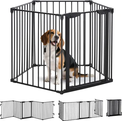 Zdjęcie produktu dla PawHut Puppy Plaype Pen, 5-częściowy, składany kojec dla psa z bramką, DIY, osłona kominka i pieca dla małych i średnich psów, 300 x 74,5 cm, metal, czarny