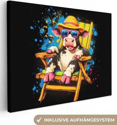 Produktbild von MuchoWow® - Leinwandbilder - Graffiti - Sommer - Kuh - Lustig, Wandbild, Wanddeko Bilder Wohnzimmer, 120x90cm