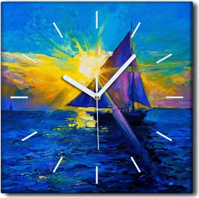 Produktbild von Coloray Uhr auf Leinwand 30x30 cm Wand Uhr Dekoration Wohnzimmer Segeltuch weiße Zeiger -Sonnenaufgangboot