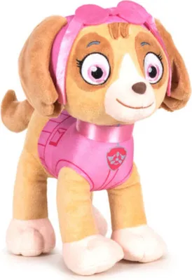 A plush toy of Skye from Paw Patrol standing on a white background.