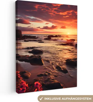 Produktbild von MuchoWow® - Leinwandbilder - Strand - Sonnenuntergang - Blumen - Felsen - Meer, Wandbild, Wanddeko Bilder Wohnzimmer, 60x80cm