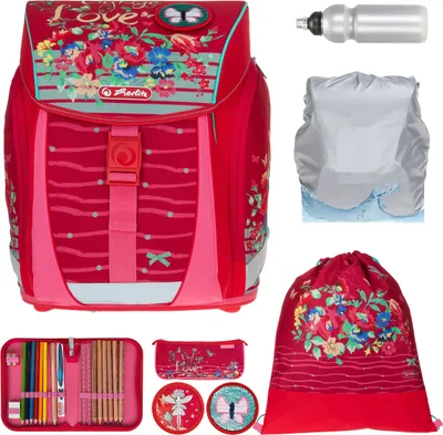 Produktbild von Schulranzenset für Mädchen Herlitz Filo Light Plus 8 Teile Ranzen  Mega Set für die Grundschule 1. - 4- Klasse mit Regenhülle Trinkflasche 50037865 Flower Vintage Love Rot +rf