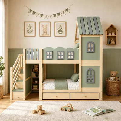 Immagine prodotto di Letto a castello Flieks 90x200 cm con mensola e 2 cassetti, lettino a forma di casetta con finestra e protezione anticaduta, letto a soppalco con scala-contenitore, verde