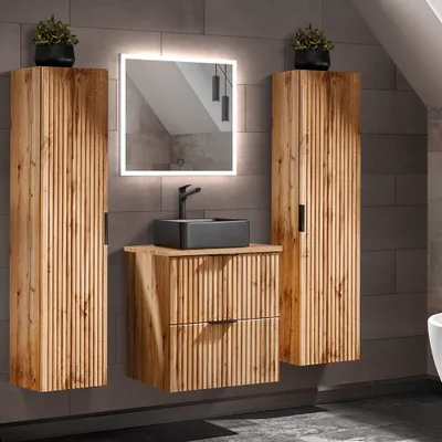 Produktbild von Badmöbel Set Wotaneiche mit Rillenoptik 60 cm Waschtisch-Unterschrank mit Keramik Waschbecken 2 Hochschränke LED-Spiegel