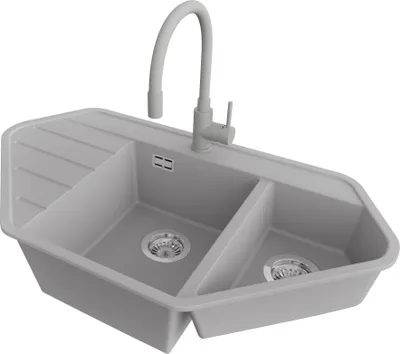 Produktbild von PRIMAGRAN Granitspüle Grau 90x50cm, Eckspüle 1,5 Becken + Küchenarmatur 38x14cm + Ablauf-Set, Küchenspüle ab 70er Unterschrank - Kopenhagen Corner