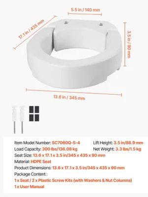 Immagine prodotto di Sedile del water rialzato, capacità di carico di 136 kg, altezza di sollevamento di 8,9 cm, senza braccioli, modello standard. Senza braccioli, modello standard