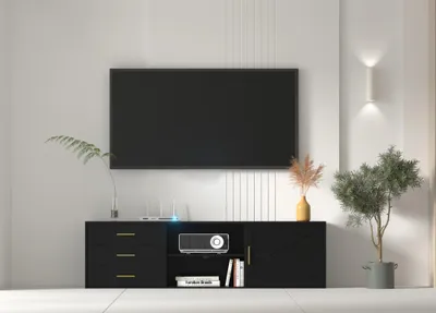 Obrázok produktu pre TV komoda - Nízka komoda pod televízor - TV skrinka - Nábytok do obývačky - Čierna TV komoda - Šírka 160 cm