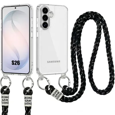 Image de Coque pour Samsung Galaxy S26, Protection Transparente Rigide Antichoc avec Bandoulière Noire