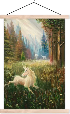 Produktbild von MuchoWow® Textilposter Eine Illustration eines Einhorns im Wald - Mädchen - Kinder - Kinder 60x90 cm mit holzfarbenen Rahmen - Textil