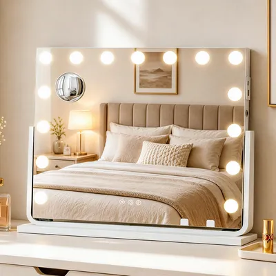Produktbild von YITAHOME 18 LED Kosmetikspiegel Schminkspiegel, 80x60cm, Dimmbar Licht, USB & Type-C Anschluss, 10X Vergrößerung & Handyhalterung