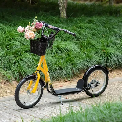 Produktbild von Kinderroller mit Korb & Becherhalter, Tretroller Kickscooter, Gummireifen Stahlrahmen, Orange-Schwarz | 139x58x96 cm | Lenker 90–96 cm | Doppelbremse