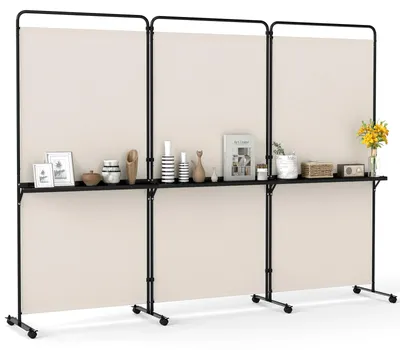 Productafbeelding van COSTWAY Roomdivider met wielen, inklapbare scheidingswand, 3-delig met 3 planken en metalen frame, privacywand, 259 x 44 x 188 cm, wit