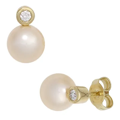 Produktbild von Paar Ohrstecker mit Süßwasser Perlen & 2 Brillanten 585 Gold Gelbgold Damen