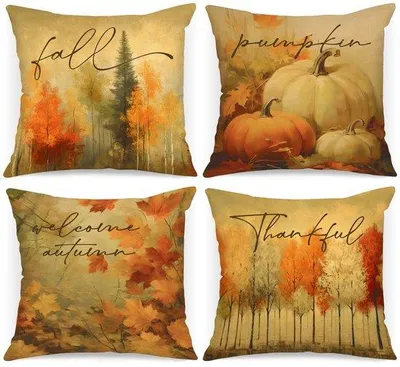 Produktbild von Unyqoos® 4er-Set Herbst-Kissenbezüge 40x40 cm – dekorative Kissenhüllen aus 100% natürlichem Baumwoll-Leinen mit unsichtbarem Reißverschluss
