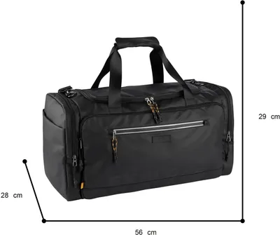 A black duffel bag with dimensions indicated by lines and text.