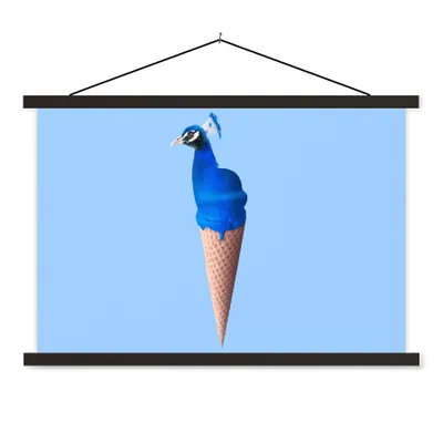 Produktbild von MuchoWow® Textilposter Pfau - Eistüte - Eiscreme - Blau - Vogel 90x60 cm mit schwarzem Rahmen - Aufhängungssatz