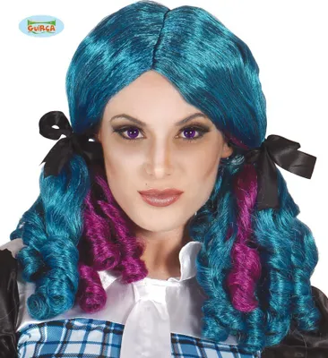 Produktbild von lange blau lila gelockte Perücke mit Zöpfen