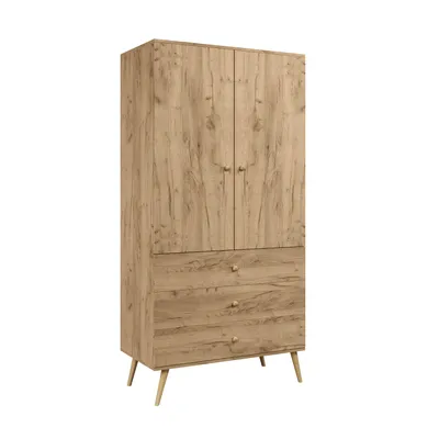 Produktbild von Kleiderschrank 100 cm Eiche Craft mit Schubladen und Stange Holzbeine Boho Skandi Schrank
