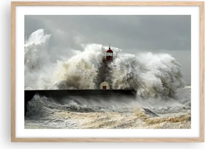 Produktbild von Gerahmtes Poster - Rahmen in heller Eiche - Leuchtturm Ozean Sturm - 70x50 cm - Wand Bild - Wanddeko - Wandbilder - Wandposter - Bilderrahmen - Bilder - Kunstdruck - Wandbild - P2NAA70x50-2442