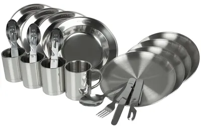 Produktbild von Black Snake® Camping Geschirr Set - flacher & tiefer Teller mit Besteck und Tasse - Edelstahl Outdoor Set für Camping, Trekking, Festival & Picknick 4 Personen-Set