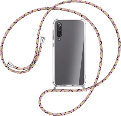 Produktbild von Handykette Backcover-Schutzhülle mit Band (Metall silberfarben) für Xiaomi Mi 9 SE - rosa Karo