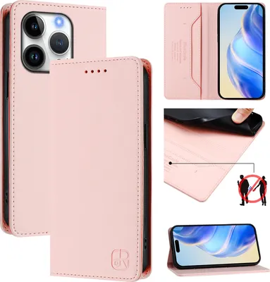 Produktbild von Lederhülle für iPhone 16 Pro Hülle Flip Brieftasche Kartenfächern Ständer Schutzhülle Pink