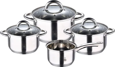 A set of four stainless steel pots with glass lids, arranged on a white background.