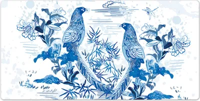 Produktbild von Tischunterlage - Mauspad - 120x60 cm - Laptop Schreibtischmatte - Vögel blau Holzschnitt