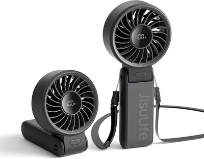 Produktbild von Handventilator 7, Leistungsstarker tragbarer Ventilator mit LED Anzeige, 19.5 Stunden maximale, 5000 mAh, 3-IN-1 Hand/Schreibtisch/Halsventilator, Mini Ventilator für Reisen(Schwarz)